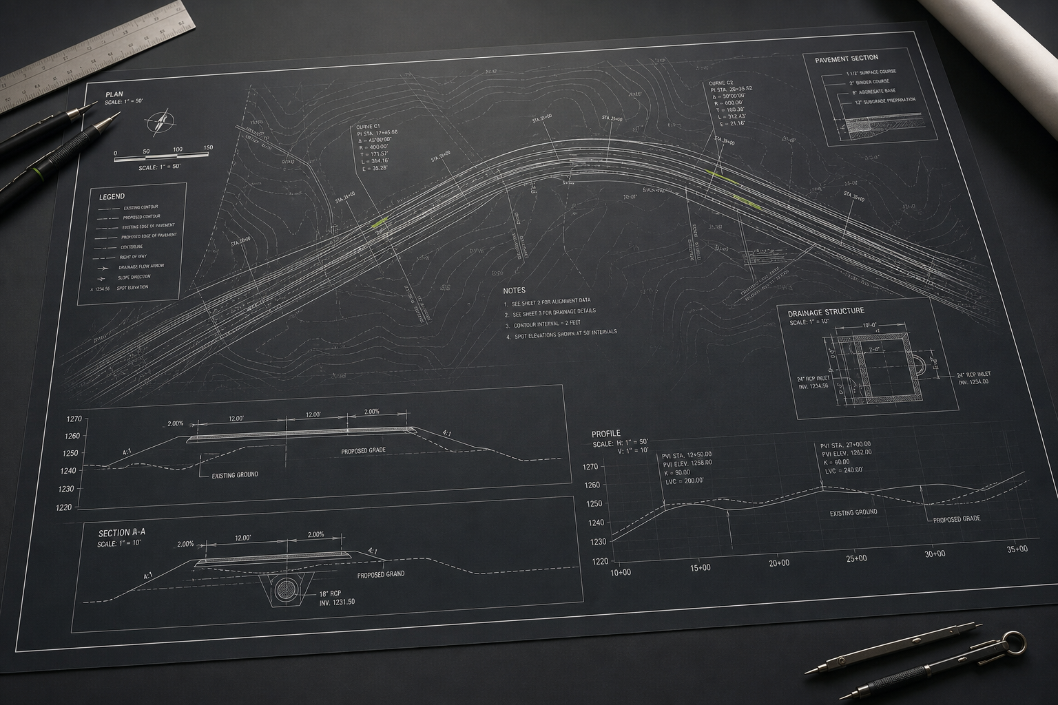 Conceptual roadway, grading, drainage, and pavement engineering drawing sheet